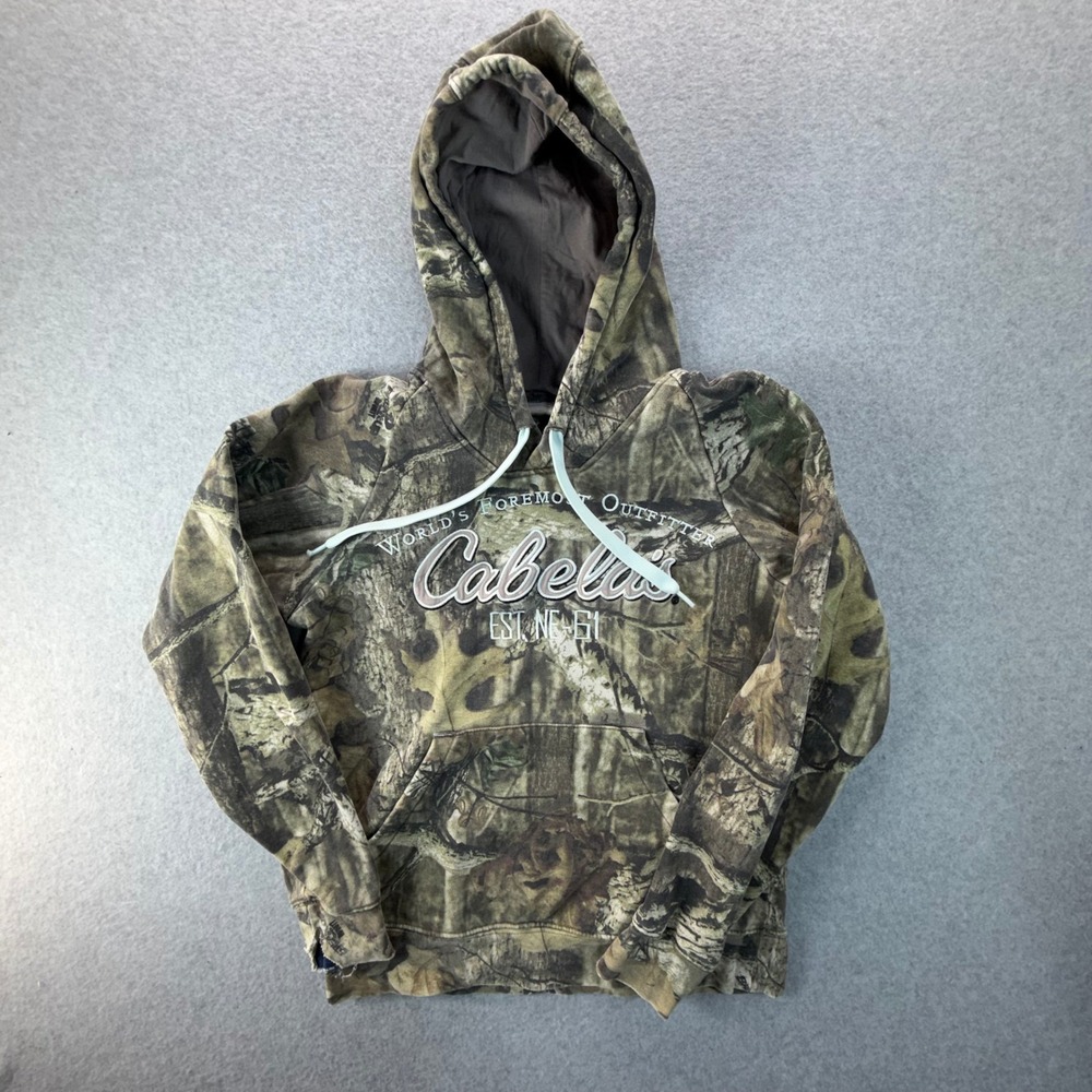 Cabelas Mens Small Camo Hoodie Pullover Real Tree Distressed Logo 944696
